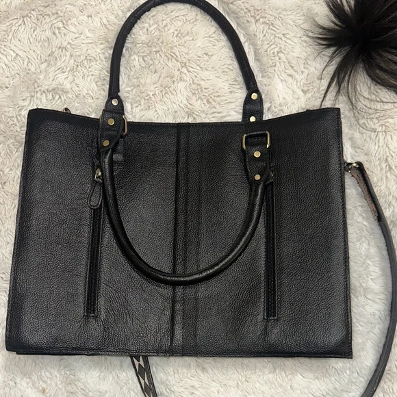 GORGEOUS Black & White Checkerboard Leather Tote with Haircalf Accent - Picture 4 of 5